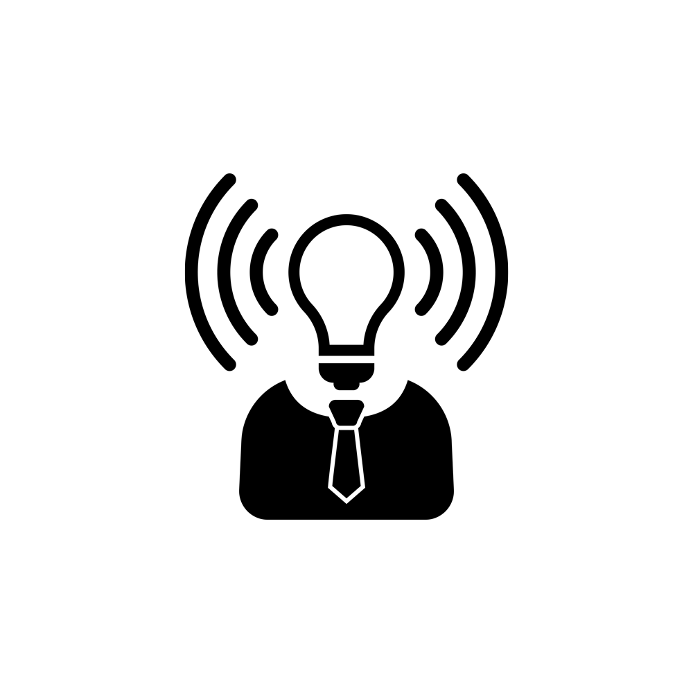 Icon showing a figure in a suit and tie with a lightbulb replacing the head and light shining from it