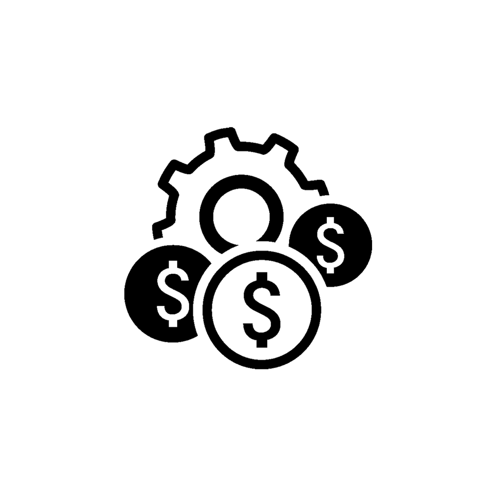 Icon showing several coins with dollar signs on them mixed in with a rotating gear