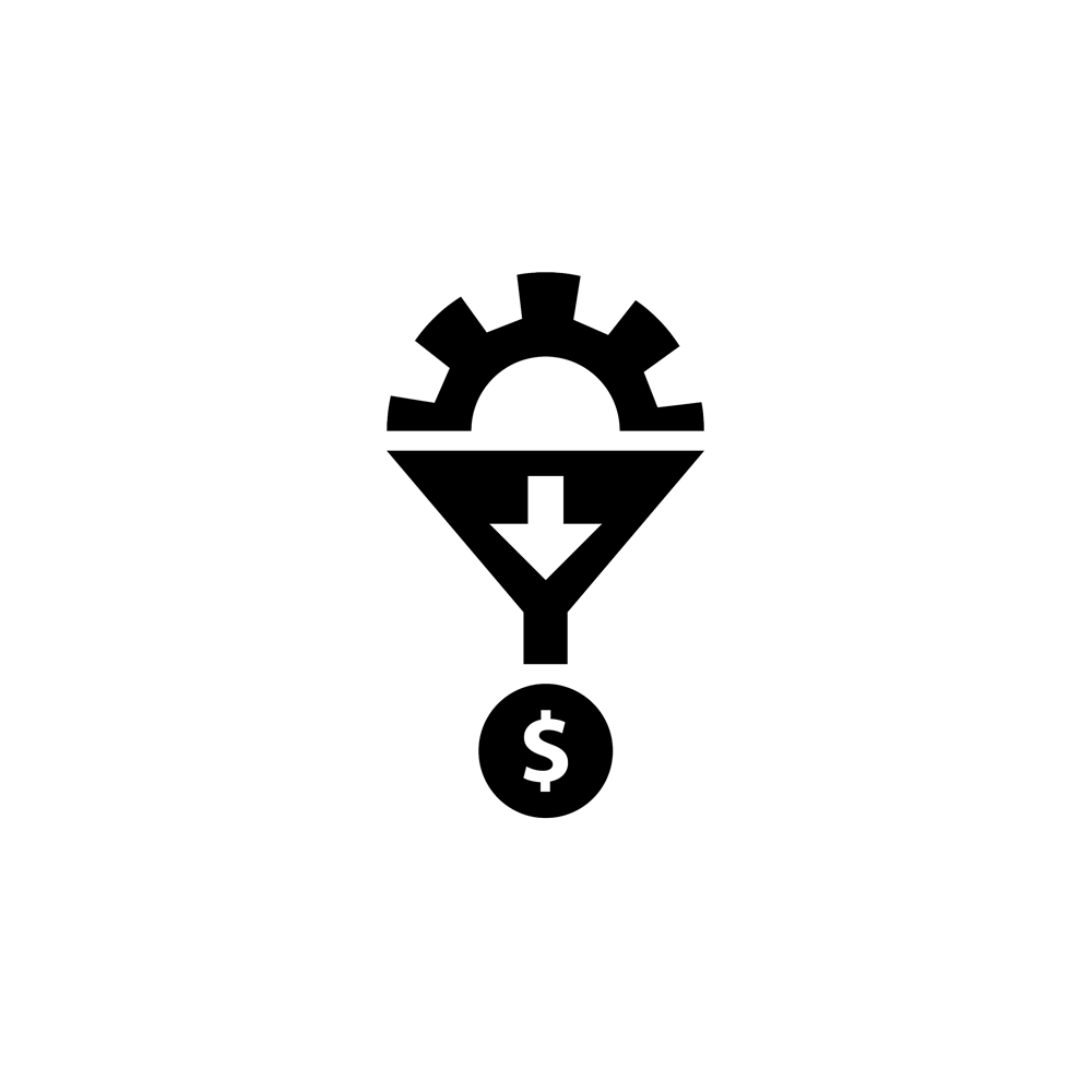 Icon showing a funnel containing a rotating gear with money coming out the other end